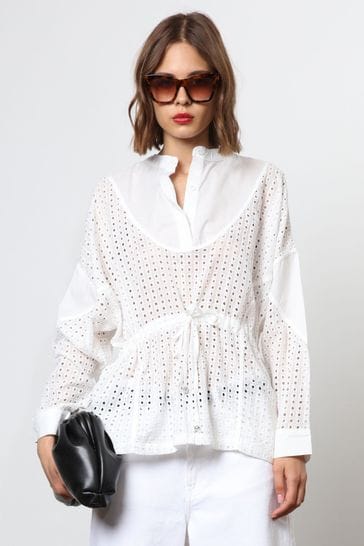 Religion White Loose Fitting Shirt With Drawstring Waist