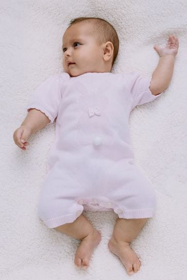 Emile et Rose Pink Knitted Romper with bunny & pom-pom tail