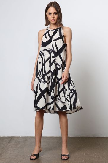 Religion Cream Tiered a Line Midi Dress in Abstract Print