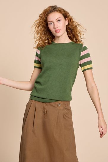 Jersey tipo camiseta de lana de merino con cuello redondo en color verde de White Stuff