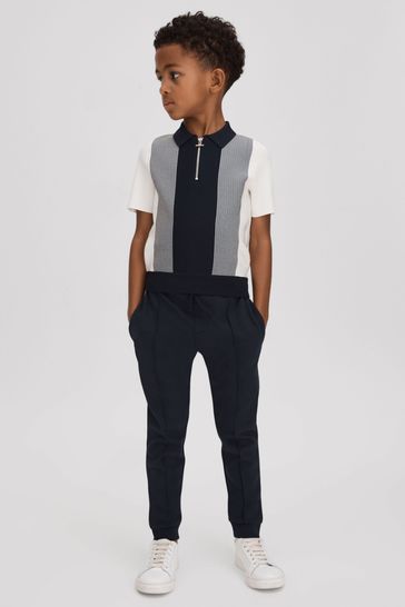 Reiss Navy Milton Junior Half-Zip Striped Polo Shirt