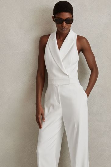 Reiss White Lainey Double Breasted Satin Tux Jumpsuit