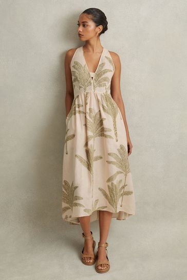 Reiss Neutral/Green Anna Linen Tropical Print Midi Dress