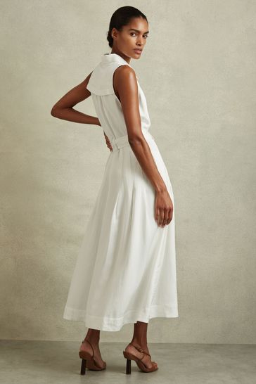 Reiss White Heidi Petite Viscose Linen Belted Midi Dress