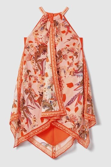 Reiss Pink Print Akari Teen Printed Draped Halter Neck Dress