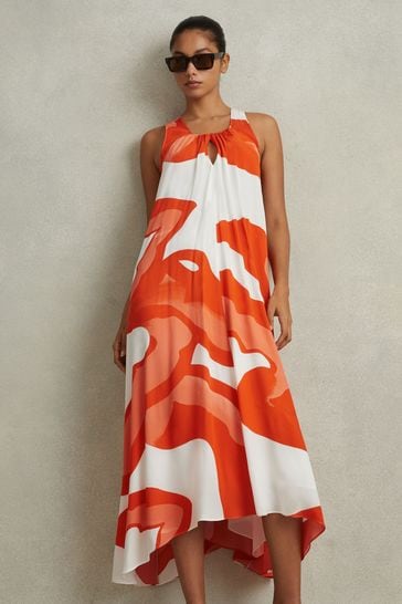 Reiss Orange/White Avia Printed Dipped Hem Midi Dress