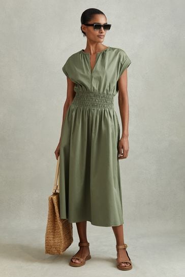 Reiss Green Lena Petite Cotton Ruched Waist Midi Dress