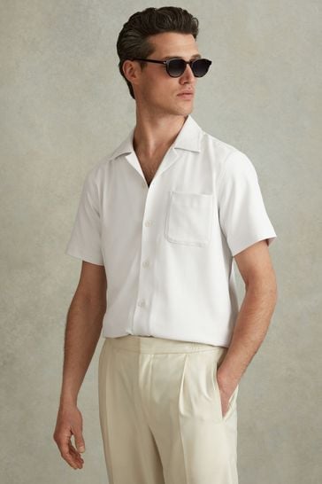 Buy Reiss White Nitus Herringbone Stripe Cuban Collar Shirt from