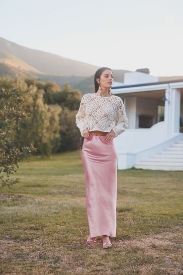 Rose Pink Tailored Satin Midi Skirt