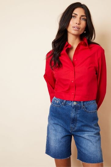 Threadbare Red Cropped Elasticated Hem Boxy Long Sleeve Shirt