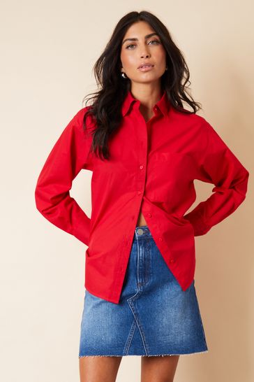 Threadbare Red Loose Fit Basic Cotton Long Sleeve Shirt