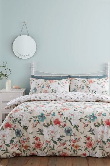 Catherine Lansfield Natural Pippa Floral Birds Reversible Duvet Cover Set