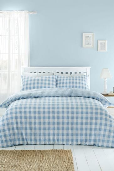 Catherine Lansfield Blue Seersucker Gingham Check Easy Care Duvet Cover Set