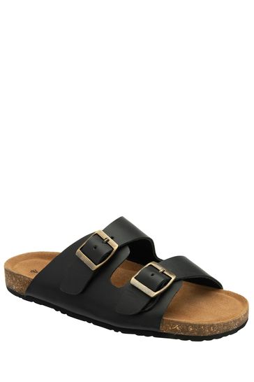 Dunlop Black Ladies Twin Buckle Footbed Mules