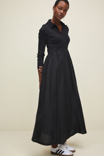 Buy Black Long Sleeve Collared Zip Neck 100 Cotton Midi Dress from Next Poland