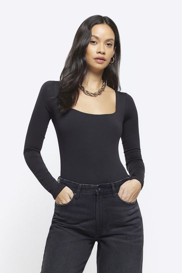 River Island Black Long Sleeve Square Neck Bodysuit