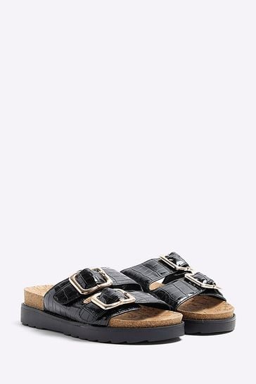 River Island Black Double Buckle Sandals