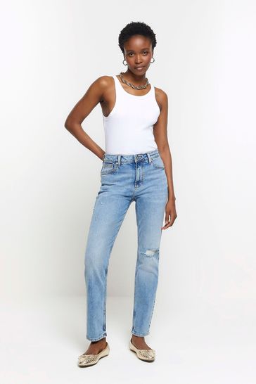 River Island Blue Mid Rise Slim Straight Jeans