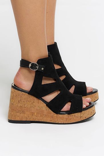 River Island Black Wide Fit Cut-Out Wedge Shoes Boots