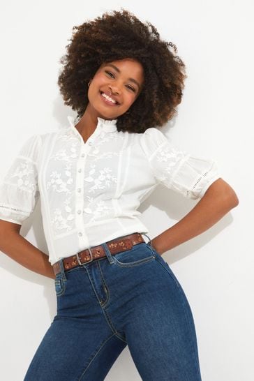 Joe Browns White Frilly Neck Embroidered Blouse