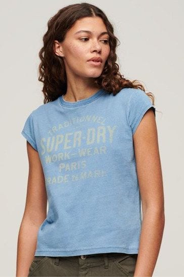 Superdry Light Blue Workwear Cap Sleeve T-Shirt