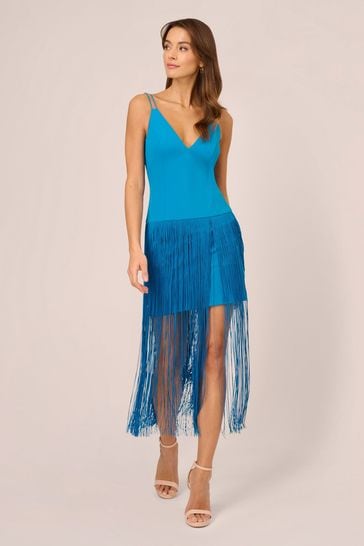 Adrianna Papell Blue Knit Crepe And Fringe Dress