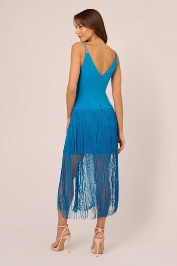 Buy Adrianna Papell Blue Knit Crepe And Fringe Dress from the