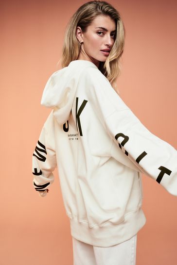 Ecru White Oversized Relaxed Fit Back Graphic Slogan Longline Hoodie