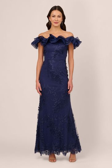 Adrianna Papell Blue Floral Ruffle Gown