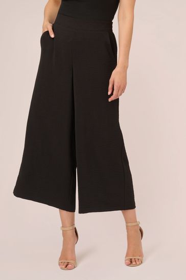 Adrianna Papell Textured Wide Leg Pull On Black Trousers Slit Pockets