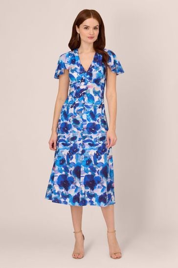 Adrianna Papell Blue Printed Chiffon Midi Dress