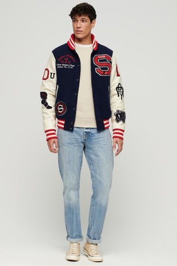Superdry Blue/White College Varsity Patched Bomber Jacket
