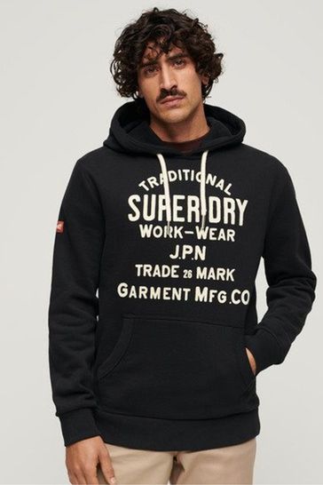 Superdry Black Workwear Flock Graphic Hoodie