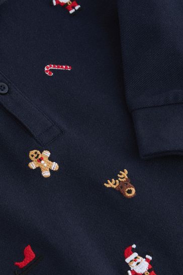 Buy Navy Blue Christmas Long Sleeve 100 Cotton All Over Embroidered Polo Shirt 3mths 7yrs from Next Bahrain