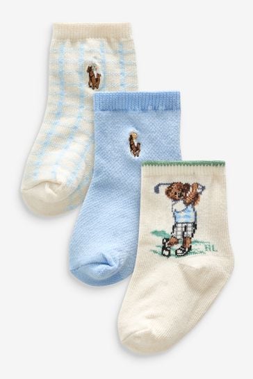 Pack de 3 pares de calcetines azules con estampado de oso para bebé de Polo Ralph Lauren