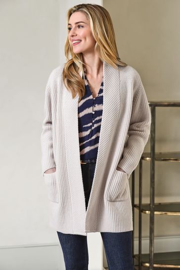 Pure Collection Wool Cashmere Edge To Edge Rib White Cardigan