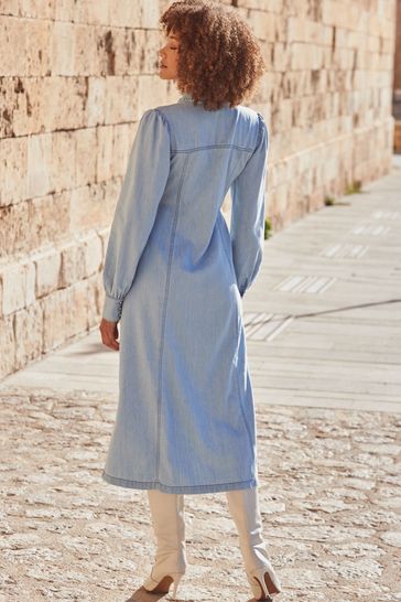 Buy Sosandar Blue Blouson Sleeve Button Through Maxi Dress from