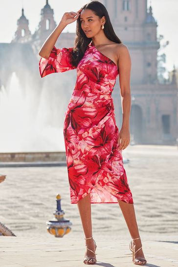 Sosandar Pink Wrap Skirt One Shoulder Midi Skirt
