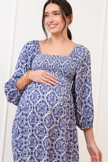 Seraphine Blue Crepe Shirred Bodice Maternity Maxi Dress