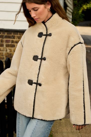 Buy Ecru Cream Borg Duffle Fleece Jacket from Next Bahrain