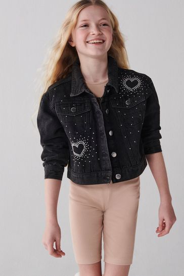 River Island Black Heart Diamante Denim Girls Jacket