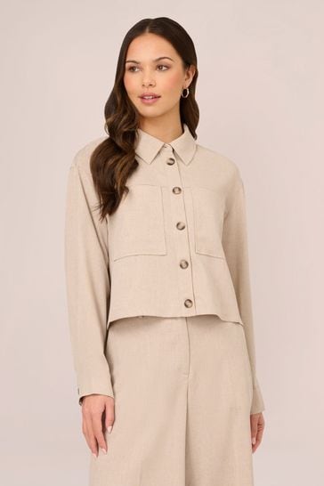 Adrianna Papell Natural Solid Long Sleeve Button Up Utility Unlined Jacket