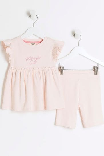 River Island Pink Mini Girls Ribbed Peplum Shorts Set
