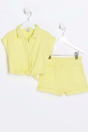 River Island Yellow Mini Girls Tie Shirt and Short Set