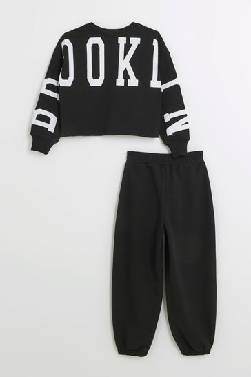 River Island Black Brooklyn Girls Sweatshirt and Jogger Set