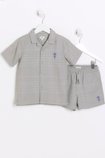 River Island Grey Boys Check Shirt And Shorts Set