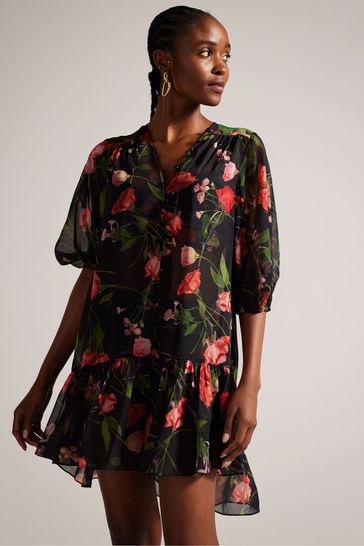 Ted Baker Emileee Plunge Mini Black Cover-Up With Button Detail