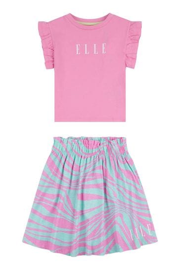 Elle Junior Girls Pink Frill T-Shirt & Skirt Set