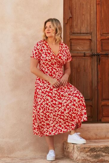 Live Unlimited Curve Red Ditsy Print Jersey Wrap Midi Dress