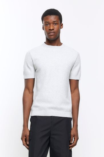 River Island Grey Textured Knitted T-Shirt